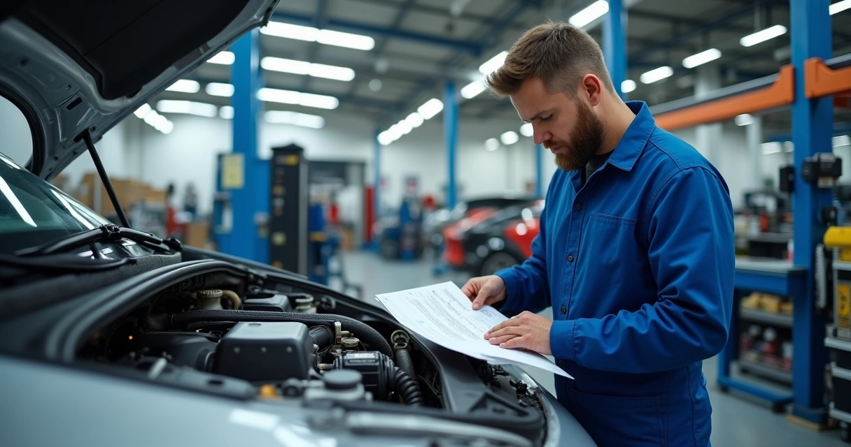 Mecânico inspecionando motor de carro em oficina durante revisão de recall 