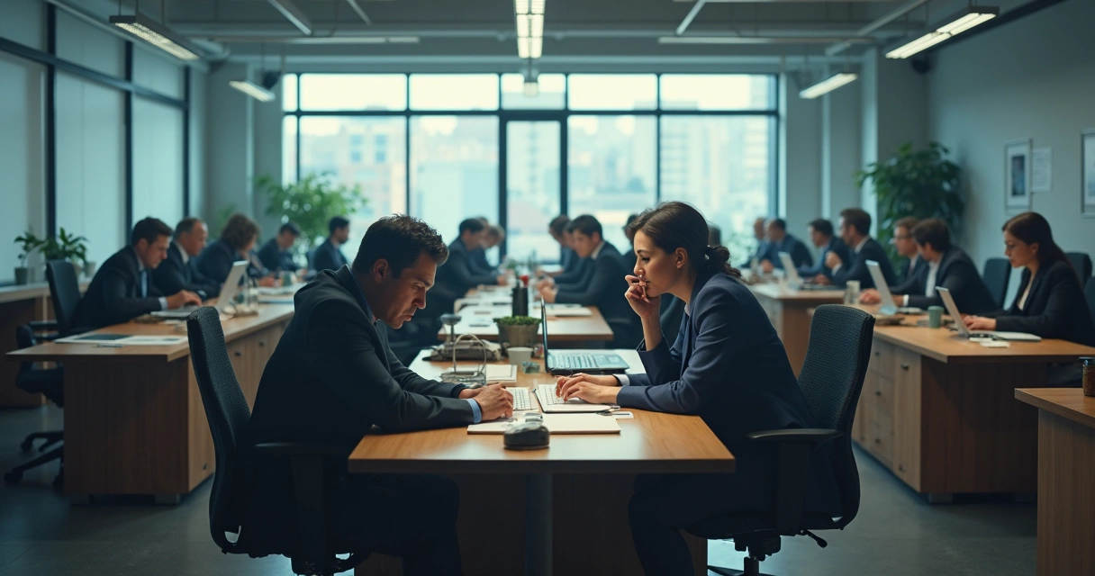 Personas trabajando en oficina con expresiones de tensión 