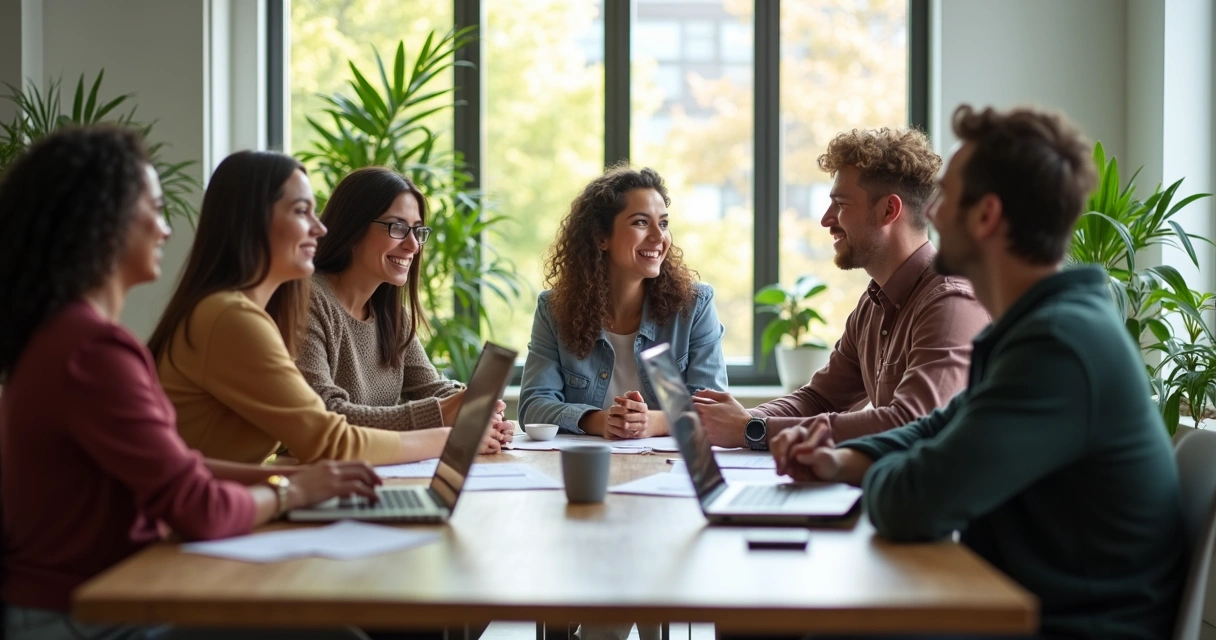 Ambiente laboral con personas colaborando y sonriendo en una oficina moderna.