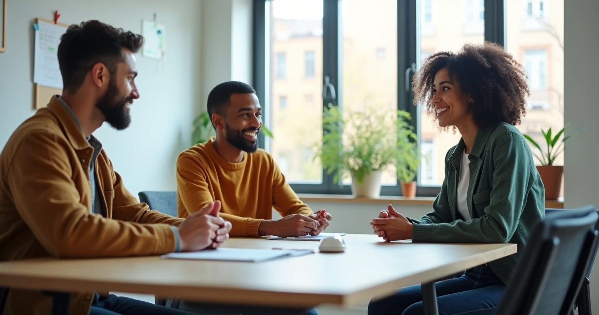 Personas conversando en una oficina, contexto laboral armonioso 