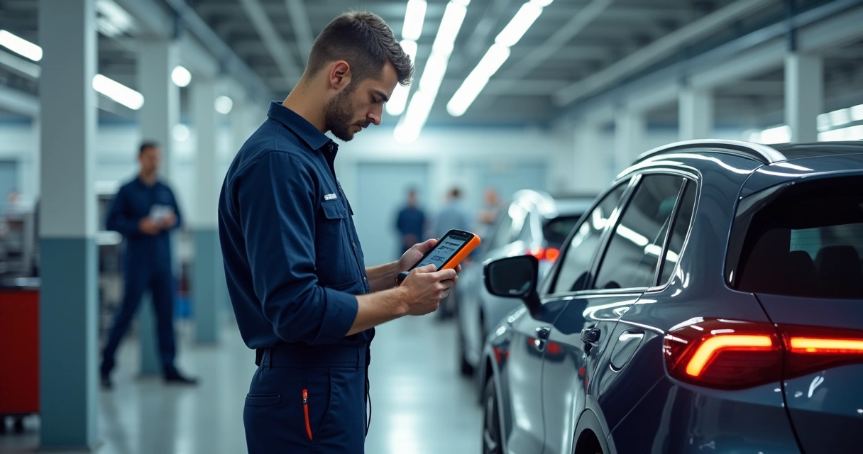 Mecânico usando scanner automotivo em oficina moderna 