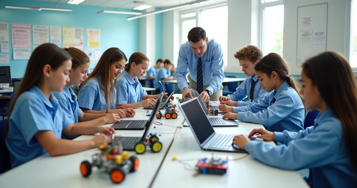 Oficina de robótica escolar com alunos montando projetos eletrônicos 
