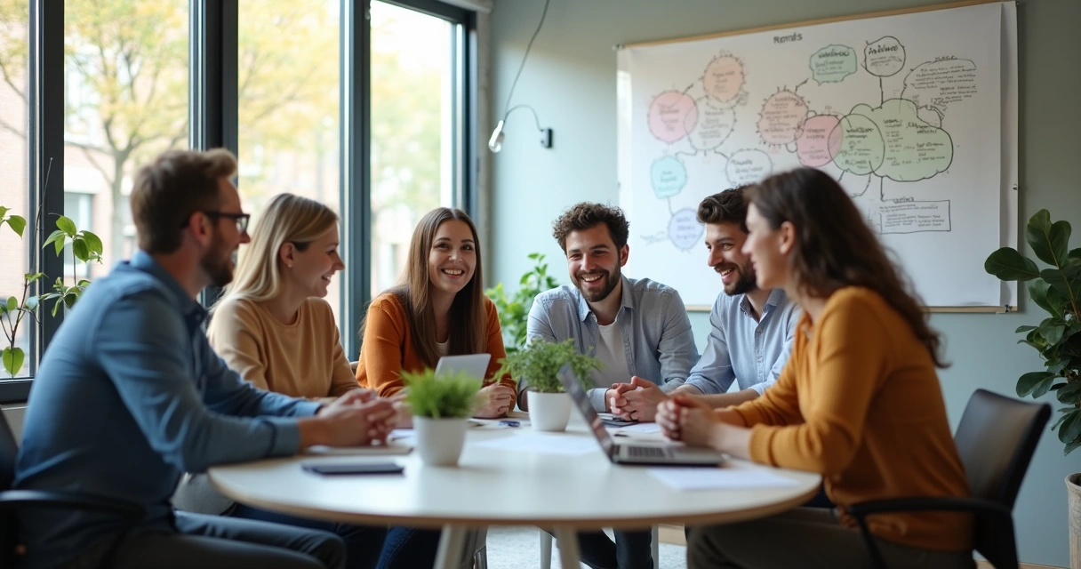 Equipo de trabajo en reunión mostrando colaboración y ambiente positivo 