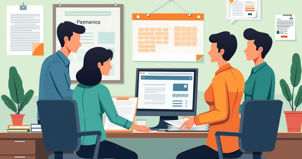 Personal administrativo gestionando documentos de seguros sociales en oficina