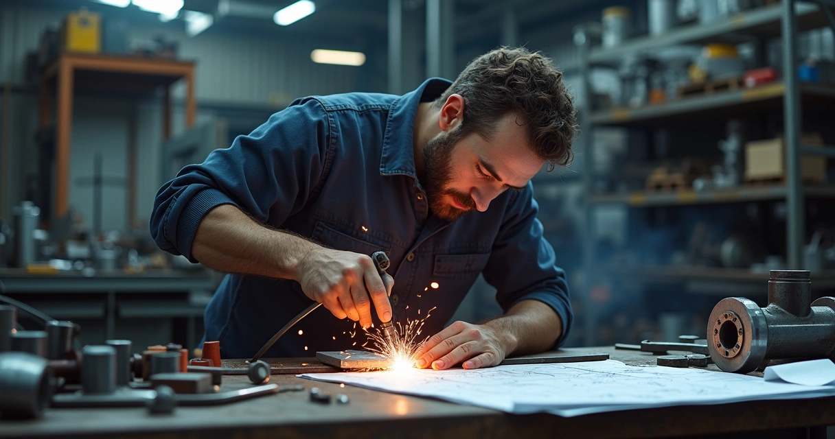 Soldador trabalha em oficina com peças de aço carbono e inox 