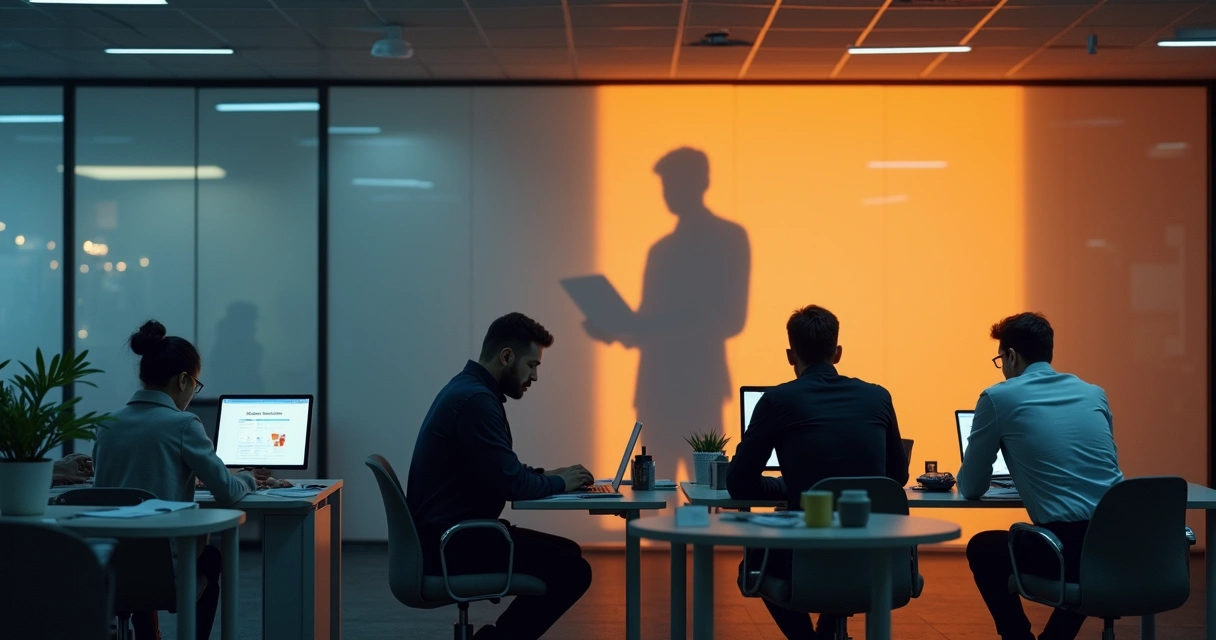 Sombra amenazante de jefe proyectada sobre empleados en oficina moderna 