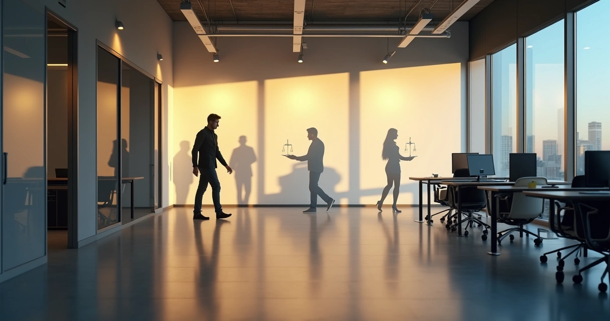 Sombras de personas en oficina moderna formando un código ético sobre la pared 