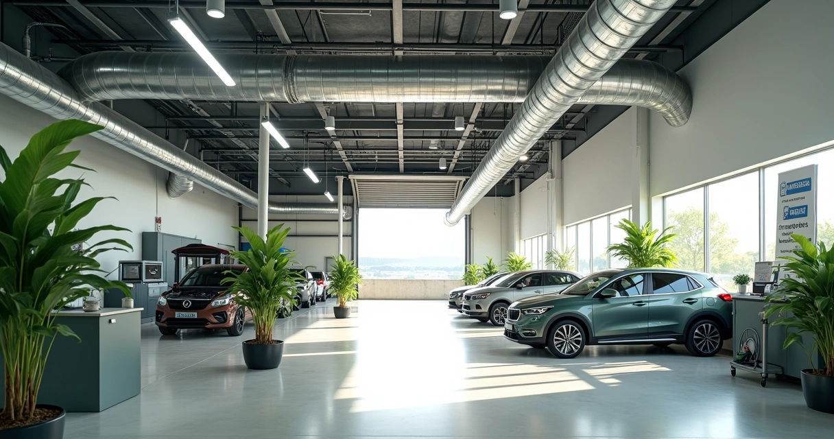 Oficina automotiva moderna com sistema de exaustão no teto 