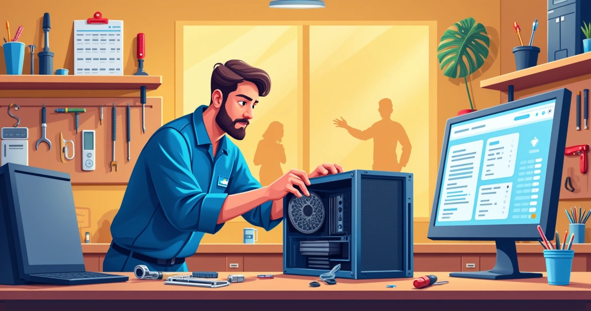 Oficina técnica com técnico consertando computador e tela de software de gestão ao fundo.