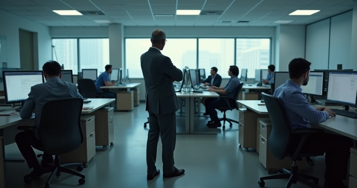 Oficina con empleados distanciados y gestos de tensión 