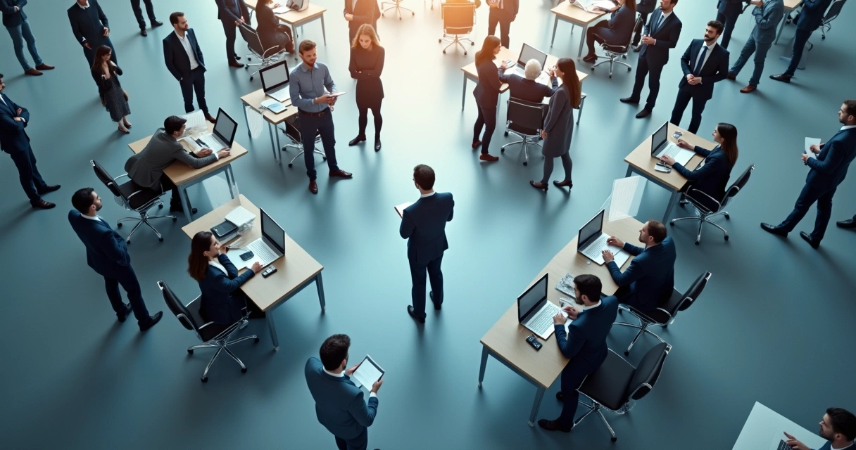 Oficina con personas separadas por líneas visuales que muestran tensión entre roles