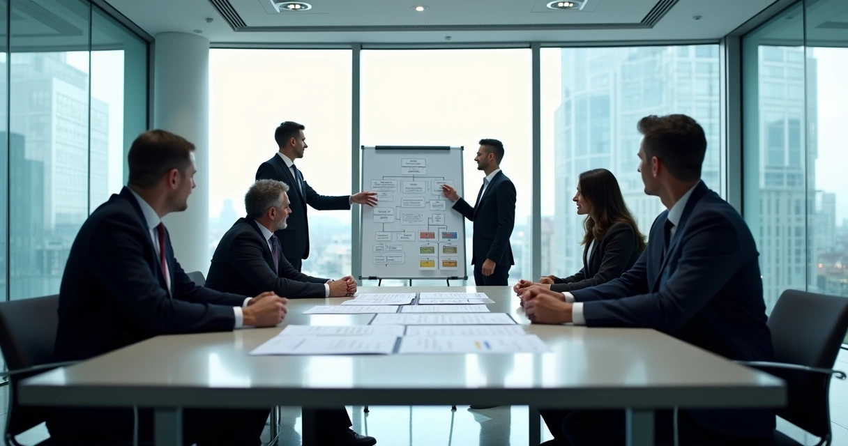 Equipo directivo en oficina debatiendo juntos 