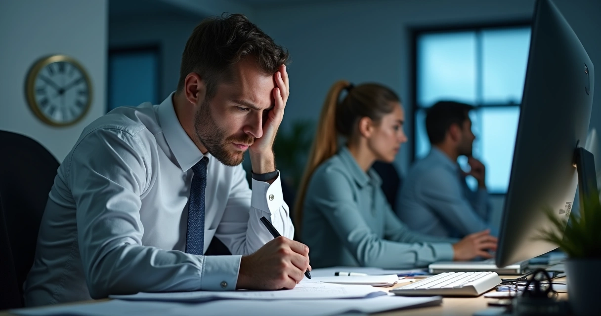 Profesional sentado en escritorio rodeado de papeles, con rostro tenso, mirando la pantalla del ordenador 