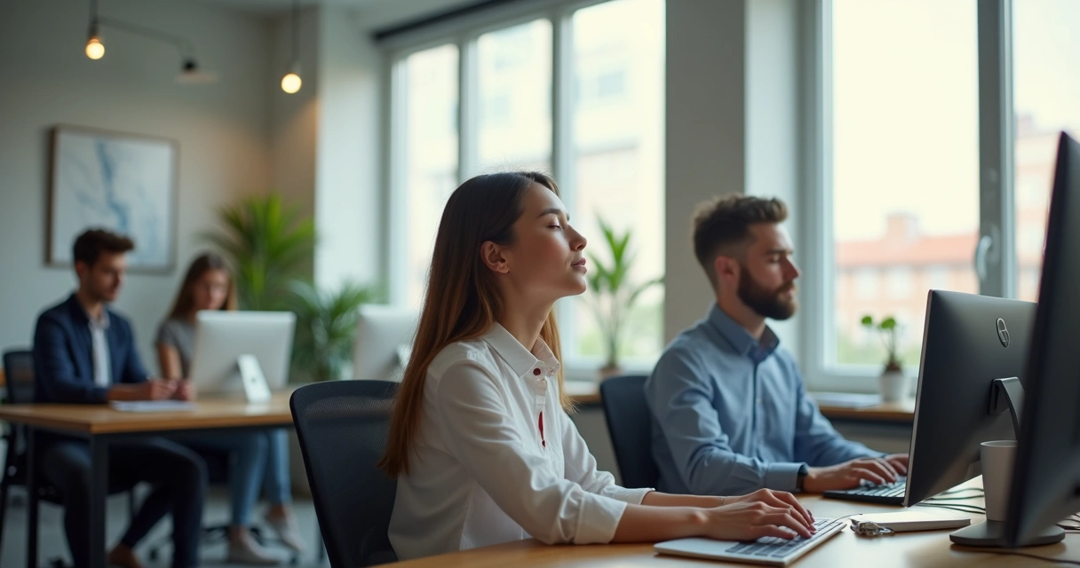 Grupo de personas en oficina trabajando con atención y serenidad 