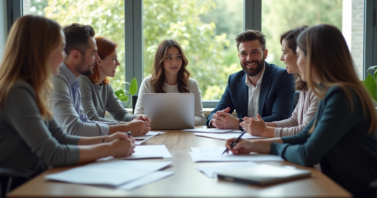 Equipo de trabajo de oficina con hombres y mujeres colaborando en un proyecto, ambiente inclusivo y respetuoso 