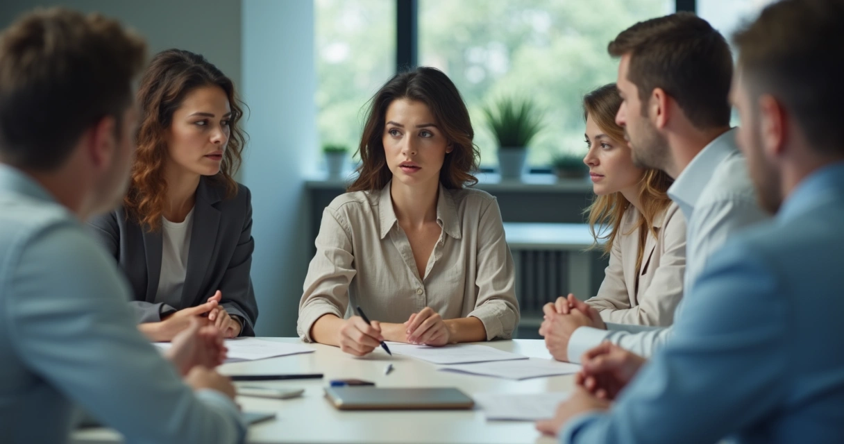 Personas en oficina, una mujer es ignorada por sus compañeros en una reunión