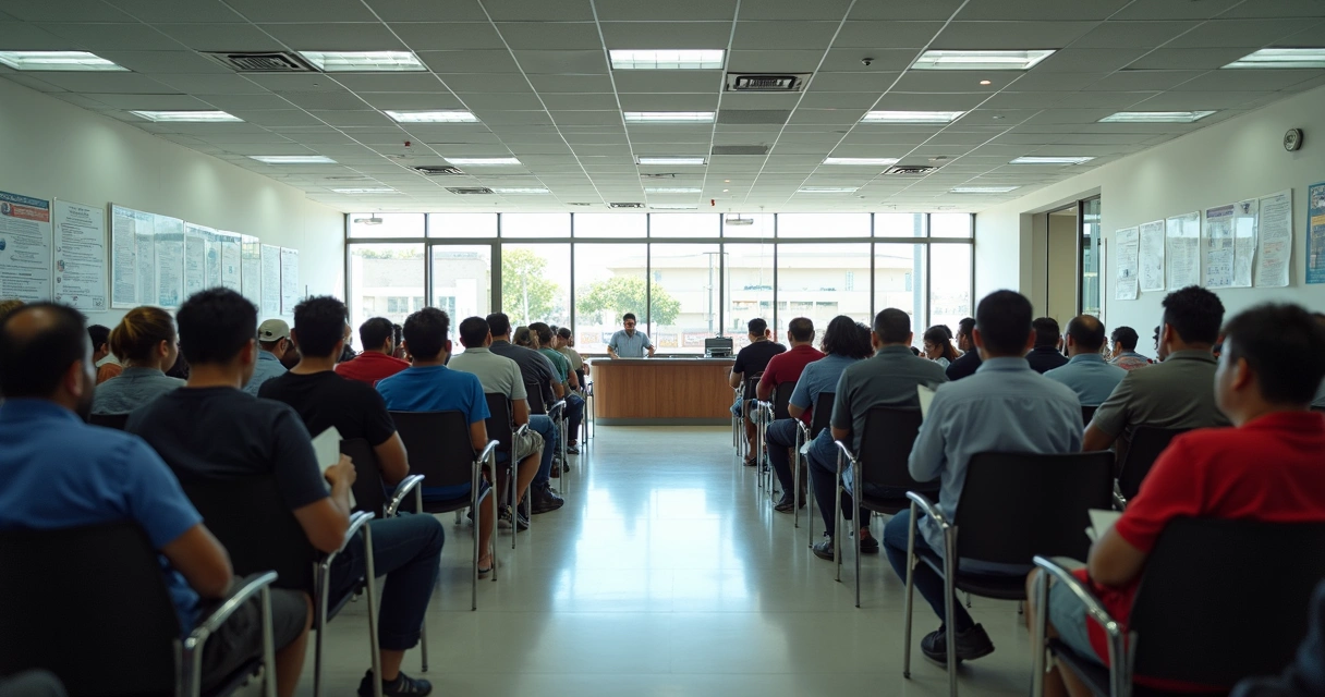 Personas esperando sentadas en una oficina de tránsito mexicana 
