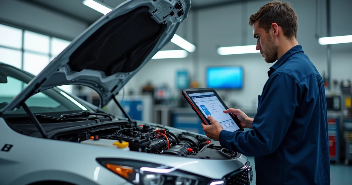 Mecânico analisando sistema eletrônico de carro em oficina automotiva