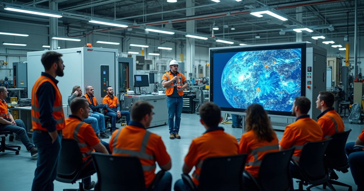 Treinamento prático para operadores de indústria em sala de aula, máquinas ao fundo 