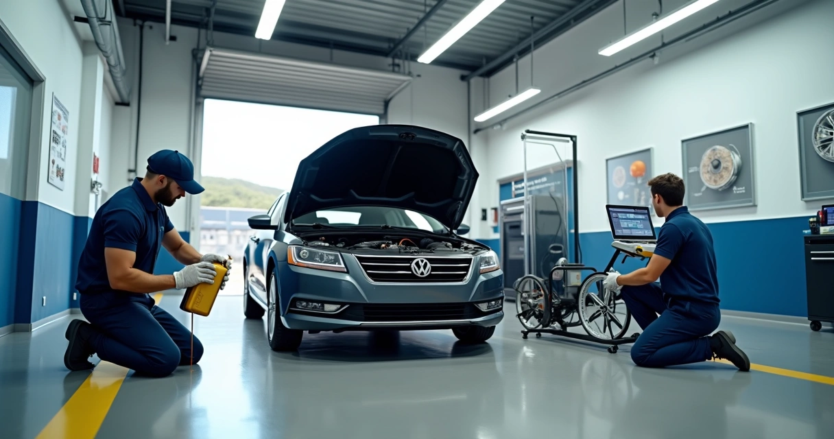 Carro em troca de óleo e revisão completa em oficina moderna 