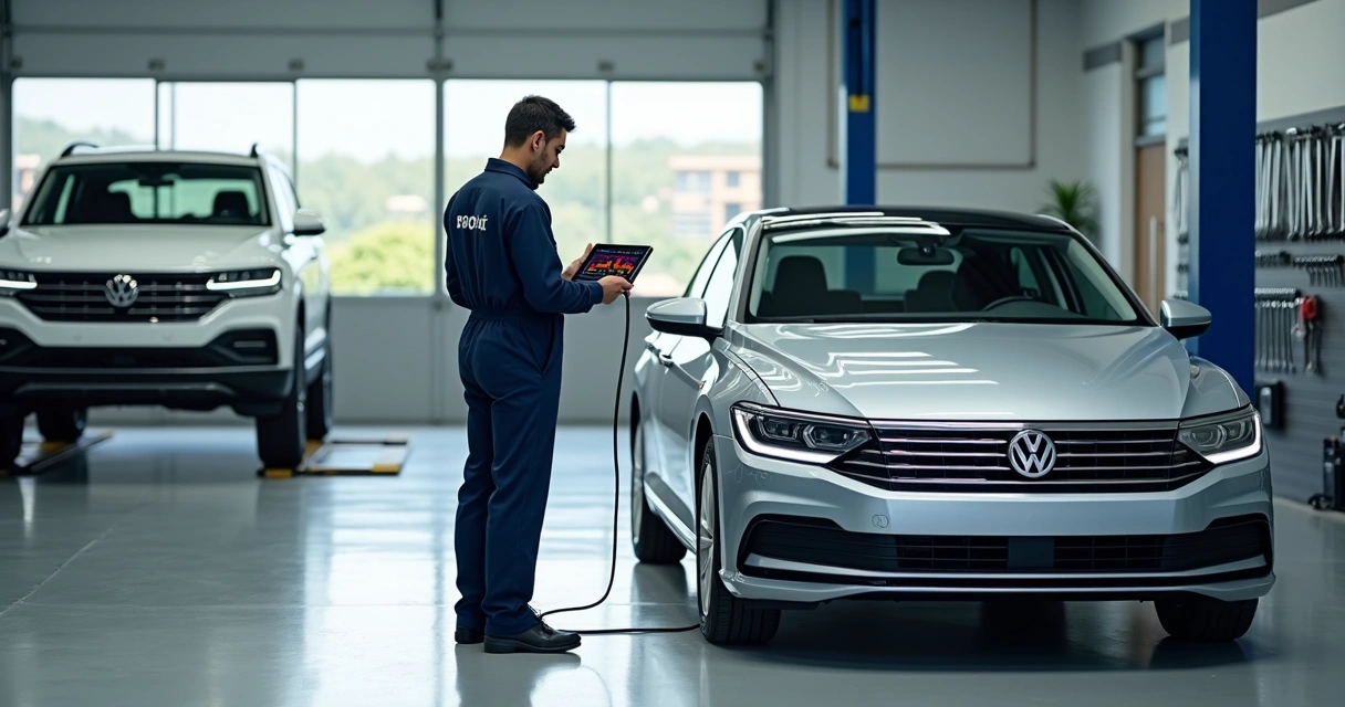 Técnico realizando diagnóstico eletrônico em carro Volkswagen sedan em oficina em Belo Horizonte 
