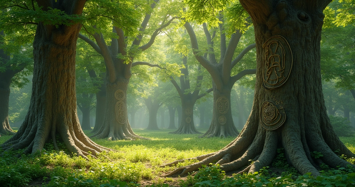 Ogham symbols carved on trees in a green forest clearing 