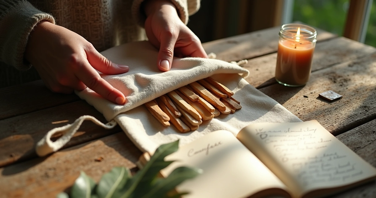Person preparing to draw Ogham sticks from a cloth bag on a wooden table 