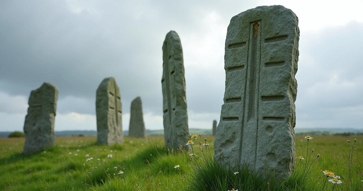 Ancient Ogham stones standing in a green field, carved with linear markings 