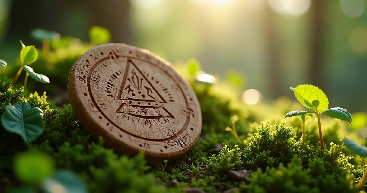 Wooden Ogham talisman engraved with symbols, lying on moss 