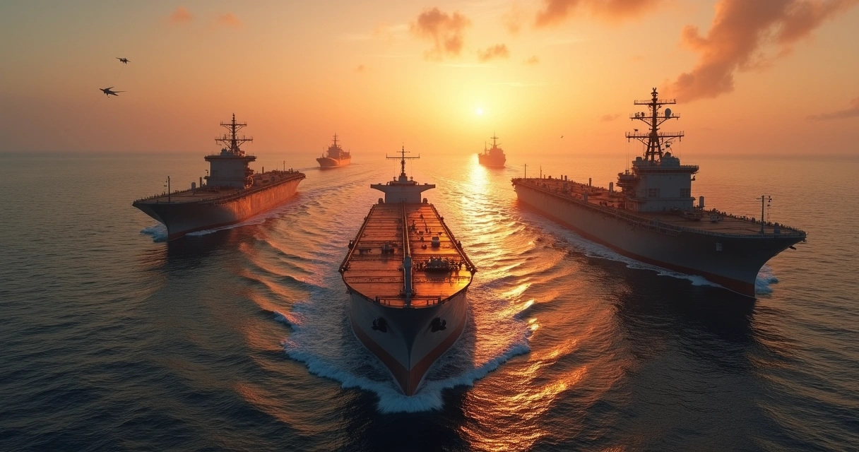 Oil tanker ships passing through a narrow Middle East waterway, flanked by military vessels