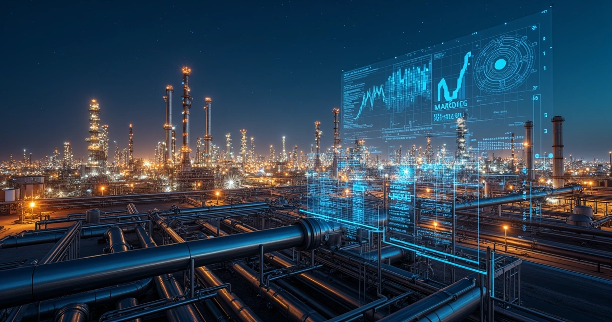 Nighttime oil refinery with digital market data overlay 