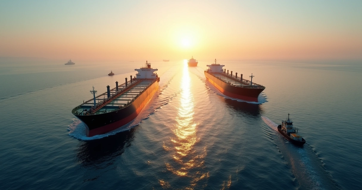 Multiple oil tankers passing through the Strait of Hormuz at sunrise