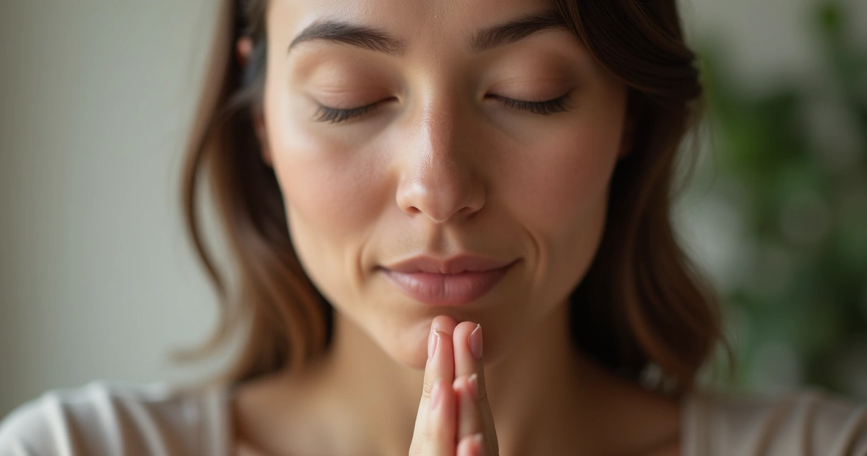 Rostro de persona con ojos cerrados en meditación, luz suave 