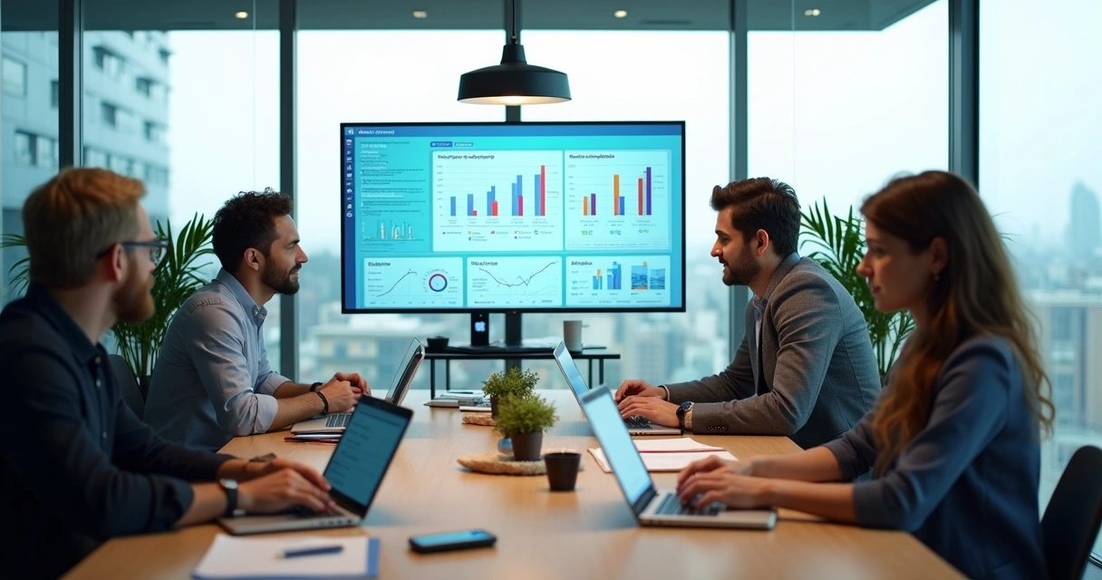 Equipe de agência digital acompanhando painel de OKRs e métricas MRR e LTV 