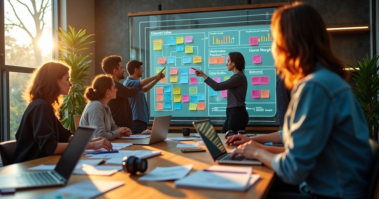 Mesa de agência de marketing com mural de metas e resultados conectados 