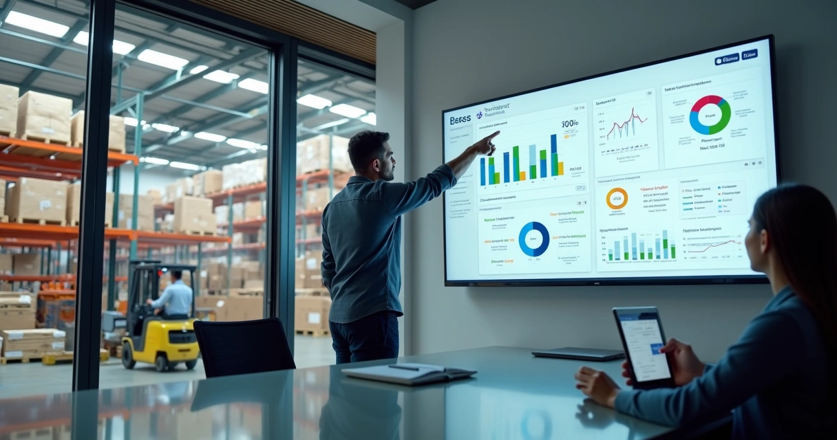 Gestor de empresa atacadista analisando painel de OKRs com metas de volume margem e logística 