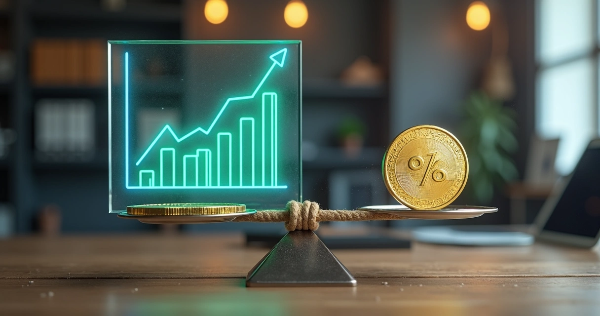 Corda ligando metas ousadas de negócio a símbolo de bônus em forma de peso puxando a balança 