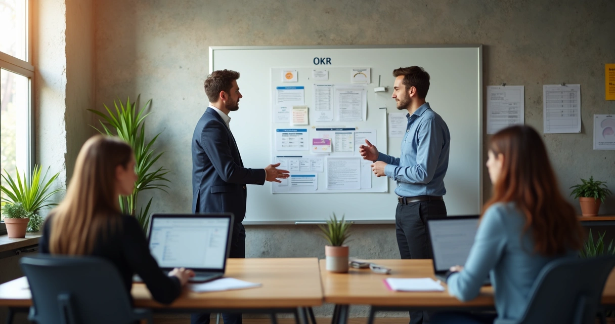 Gestor realizando check-in de OKR com colaboradores em uma pequena empresa 