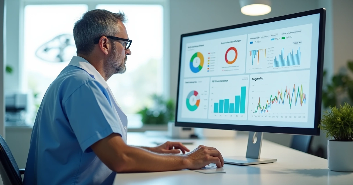 Cirurgião em consultório analisando dashboard de OKR em clínica cirúrgica 