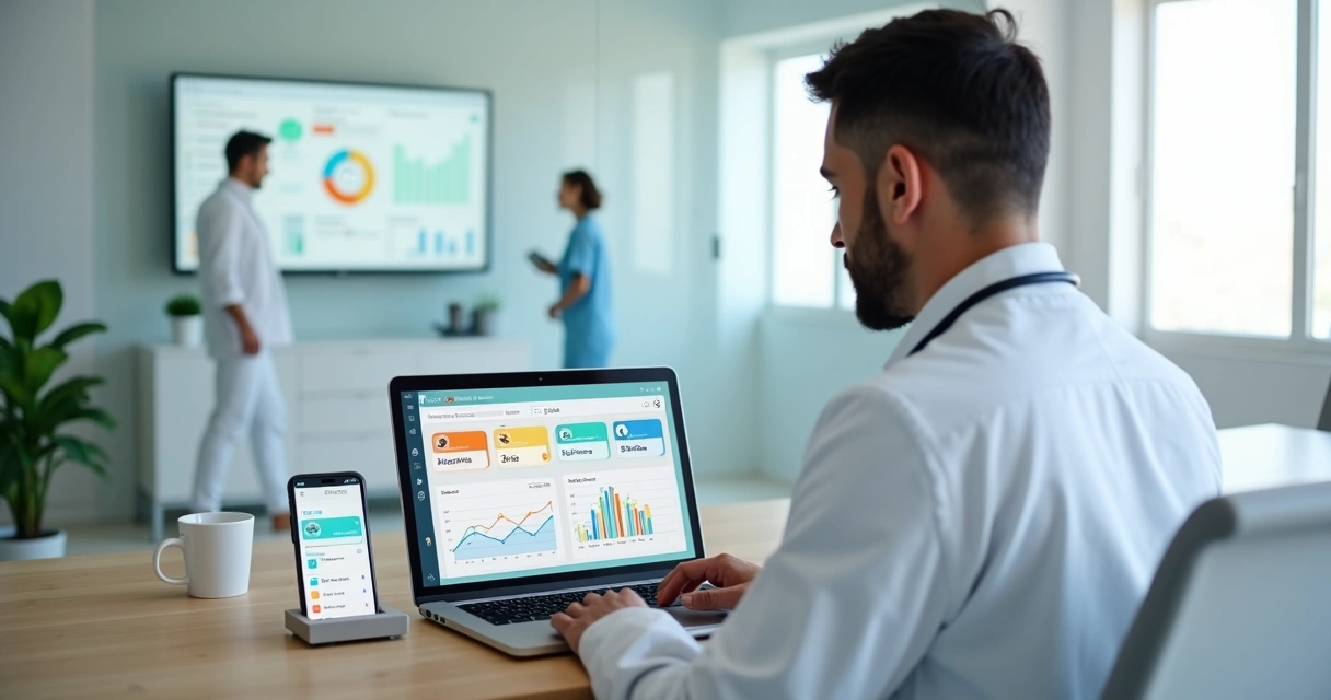 Médico em clínica privada analisando painel de métricas em laptop com paciente ao fundo 