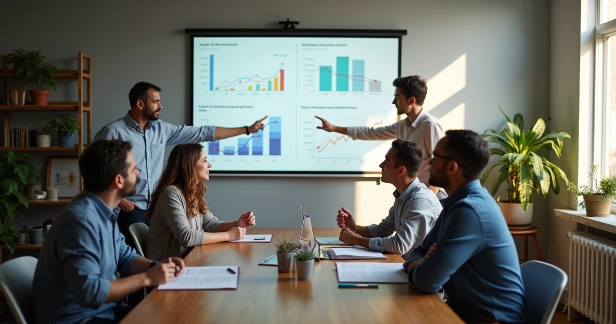 Reunião de equipe pequena revisando OKRs juntos 