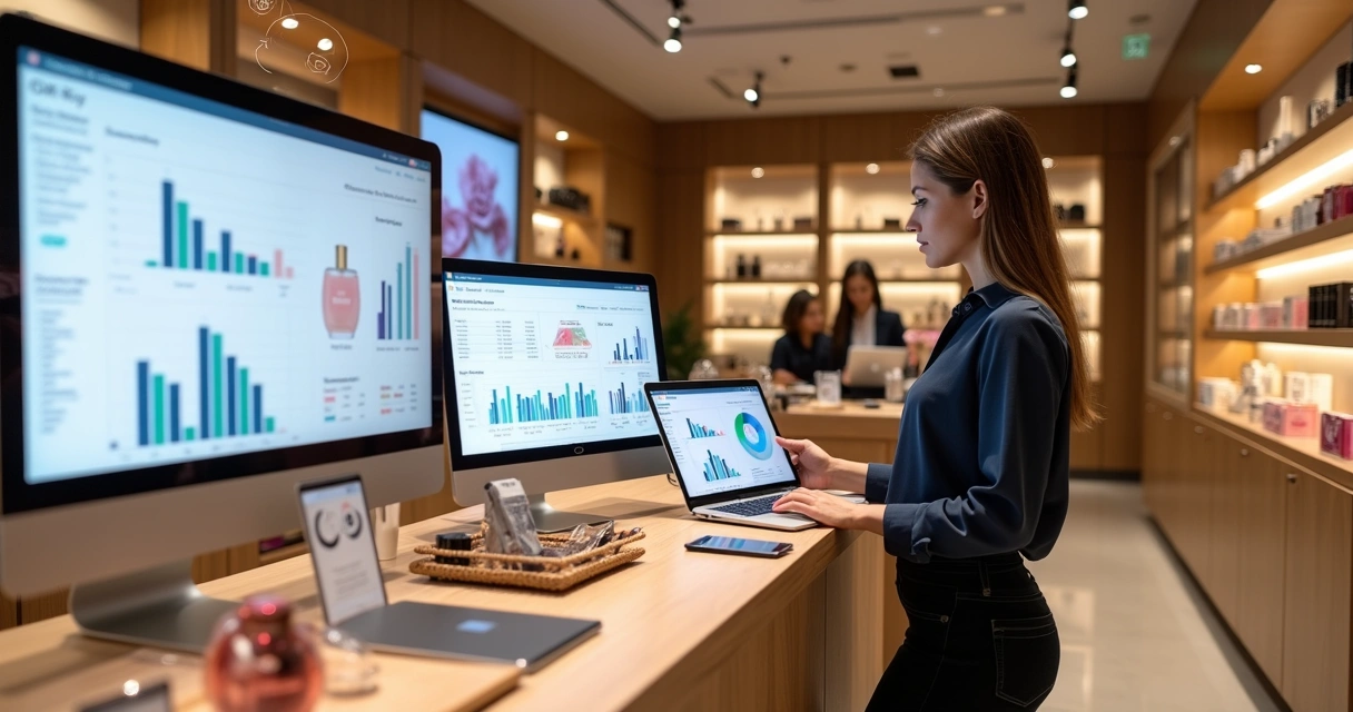 Gestora analisando painel de OKRs e CRM em perfumaria moderna 