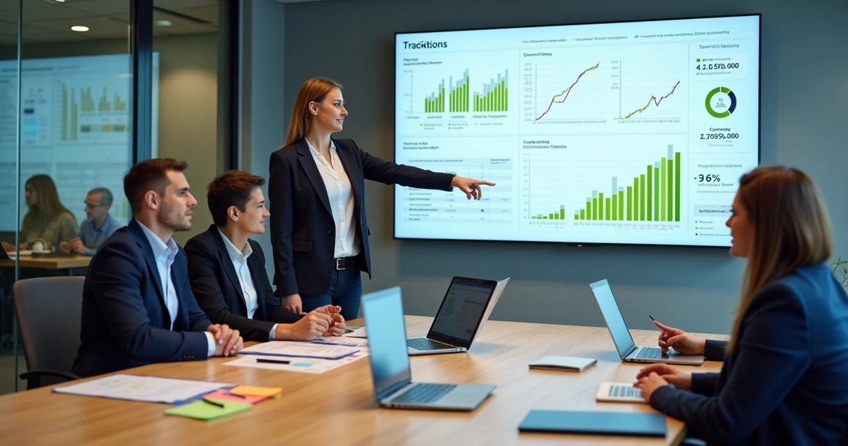 Gestores de cursos analisando painel de OKR em sala de aula digital 