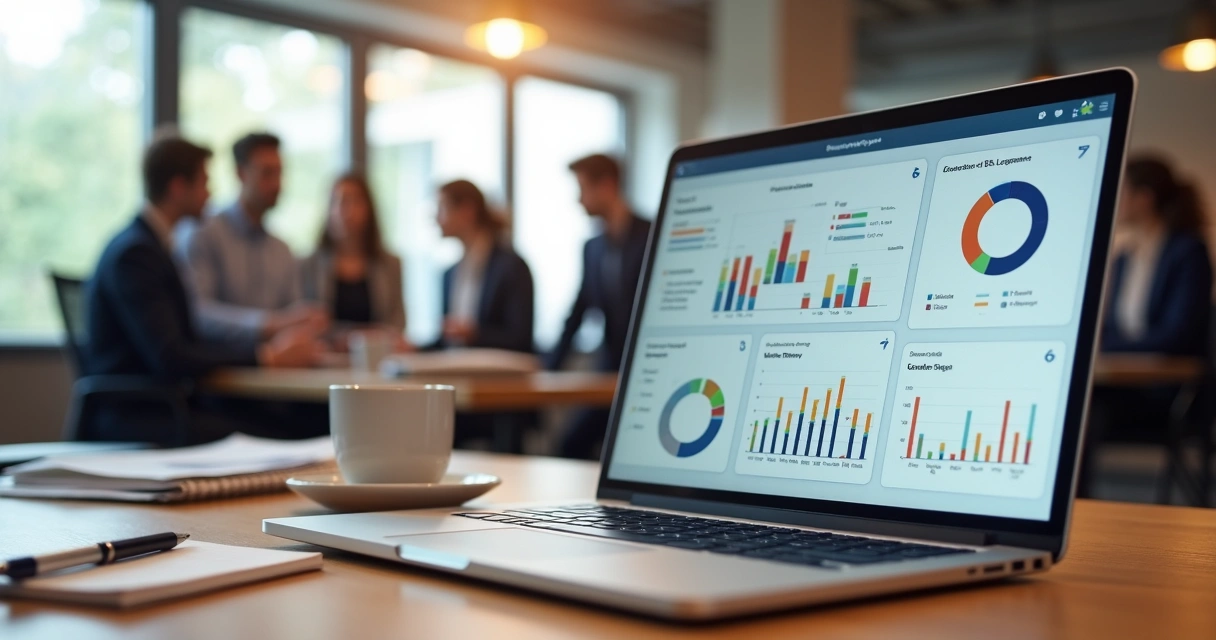 Dashboard OKR em tela de notebook mostrando progresso de equipe