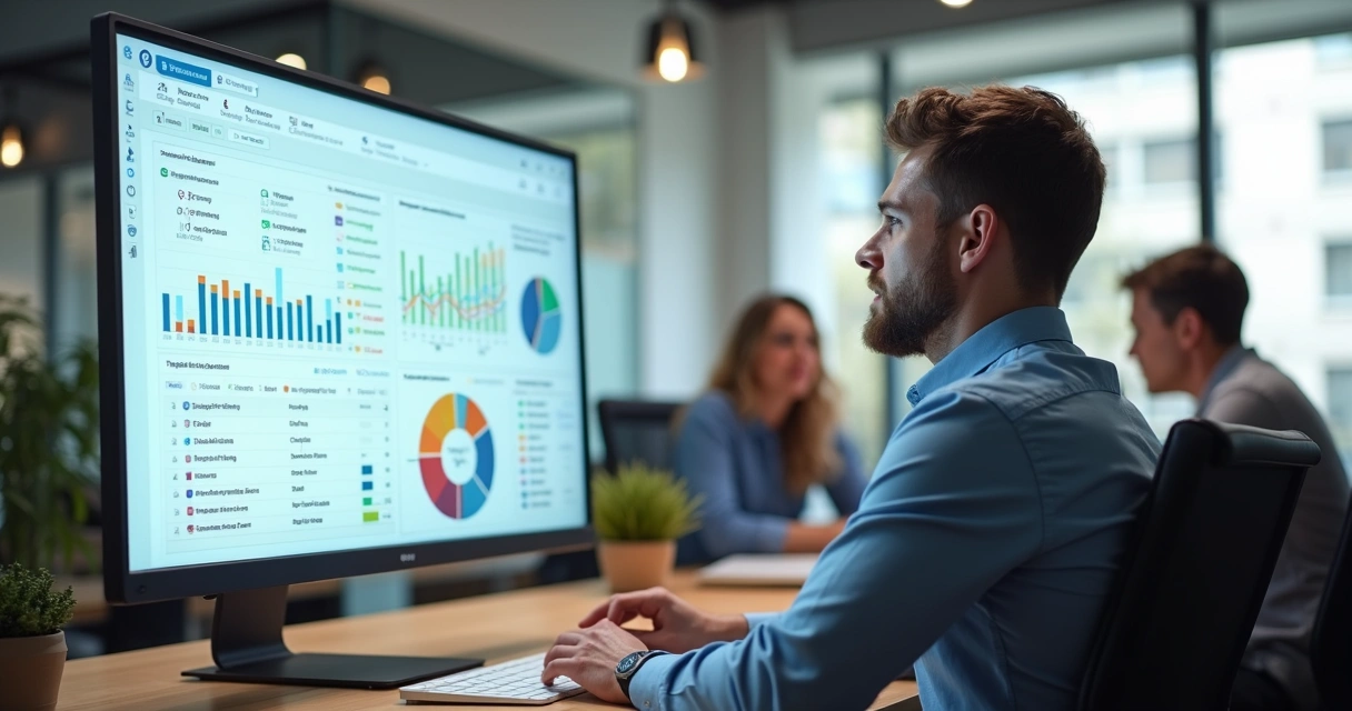 Painel de acompanhamento de OKR para PMEs, mostrando gráficos de progresso, tarefas e notificações. 