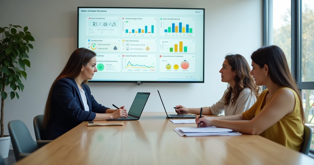 Gestores e professora analisando painel de OKR educacional em sala de reunião escolar 