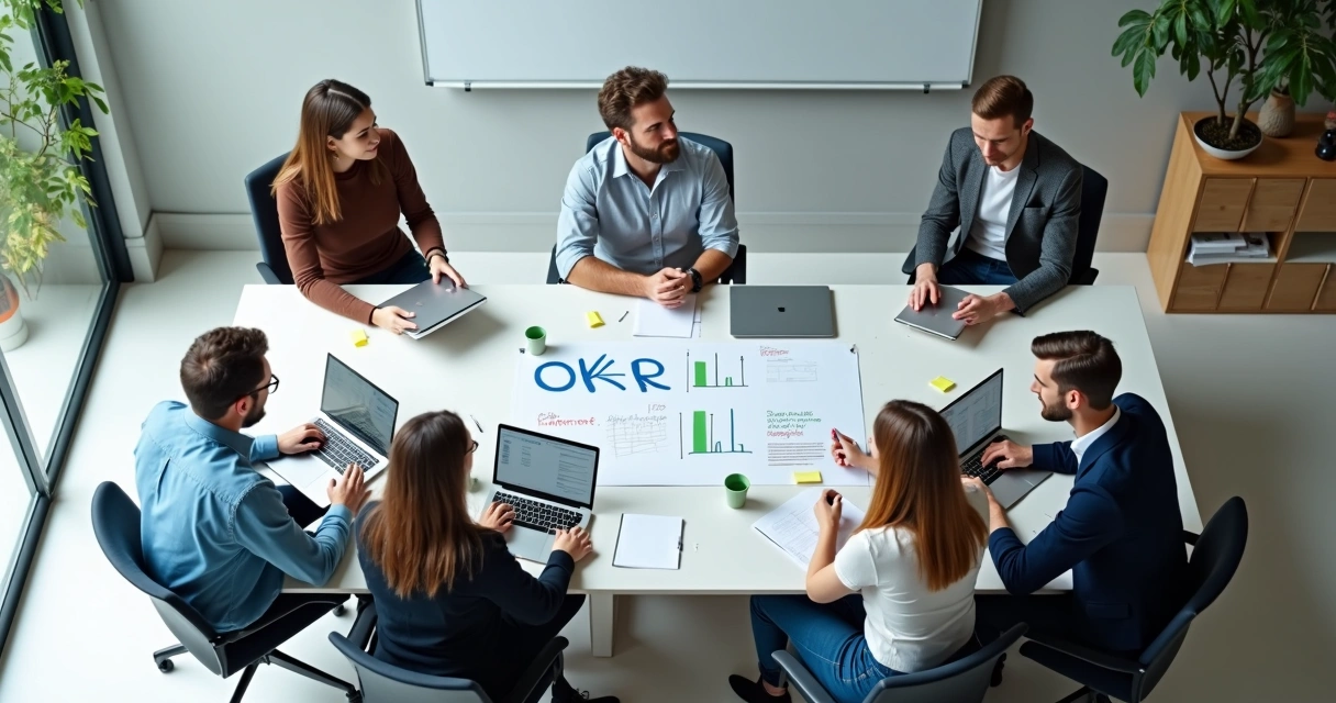 Time reunido diante de quadro com objetivos e métricas, discutindo e sorrindo 