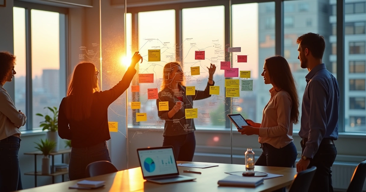 Equipe pequena conectando cartões de objetivos e resultados em parede de vidro 