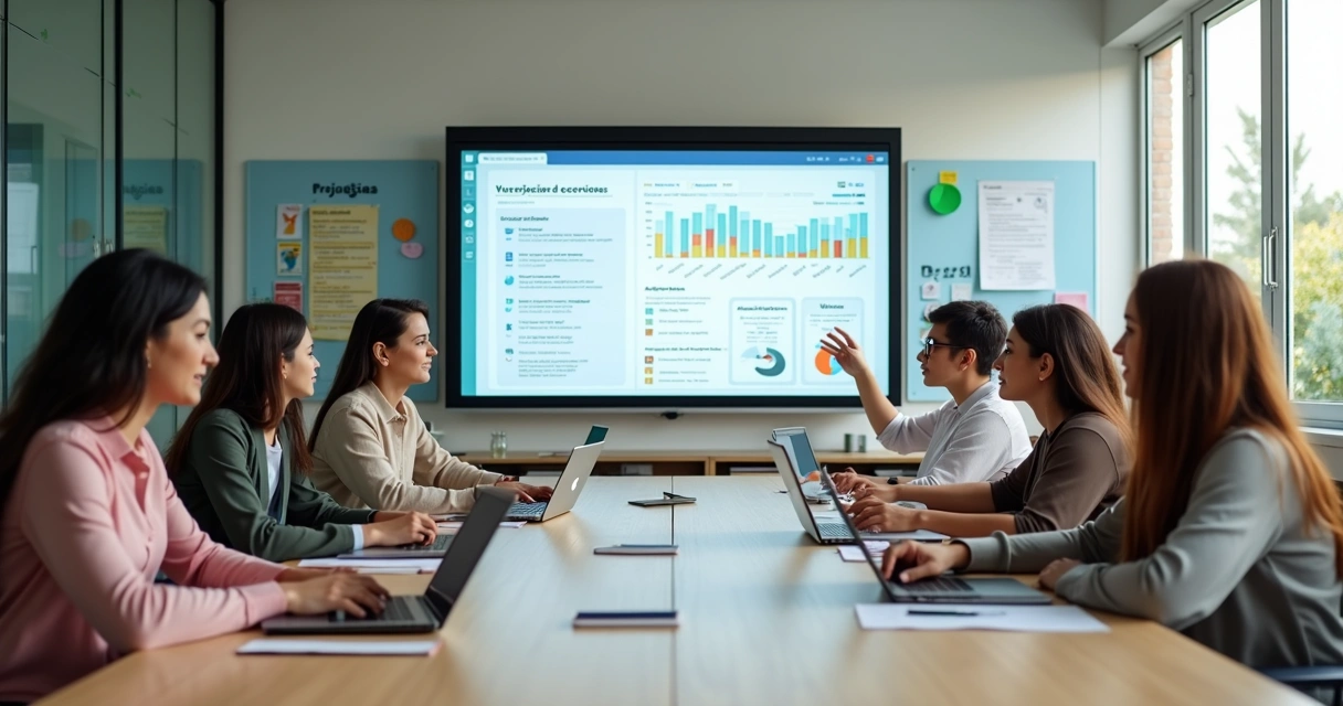 Equipe pedagógica de escola bilíngue revisando OKRs em tela com gráficos coloridos 