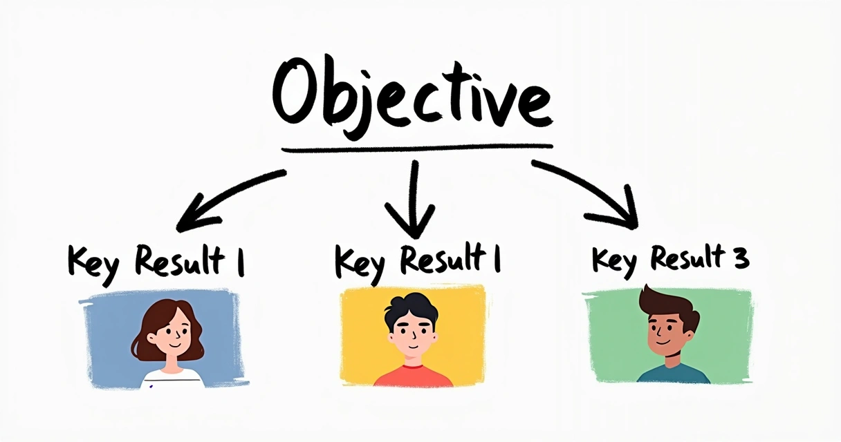 Fluxograma simples mostrando objetivo principal e resultados-chave em cascata para equipes 